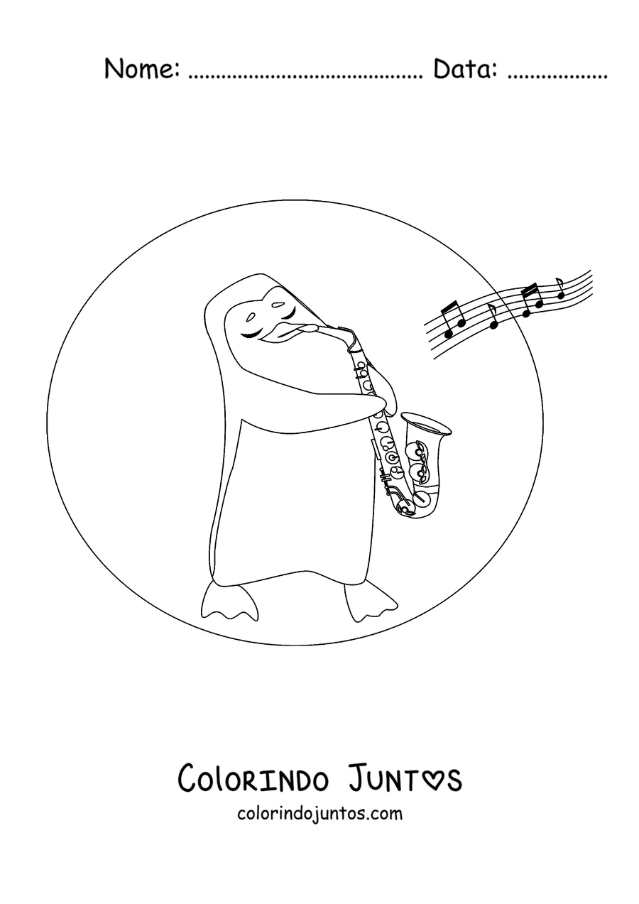 Desenho para colorir de um pinguim tocando saxofone