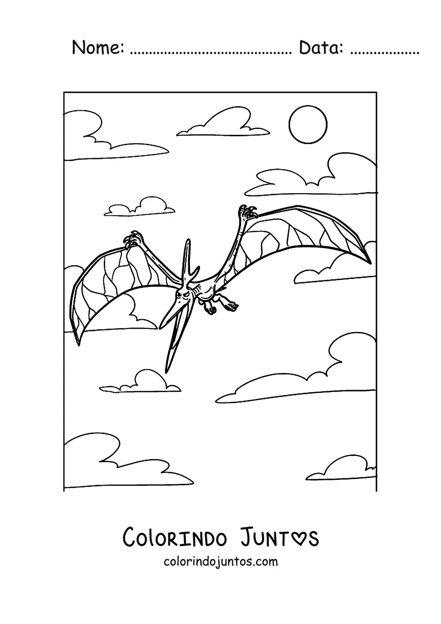 Desenho para colorir de um pterodáctilo voando com as asas bem abertas