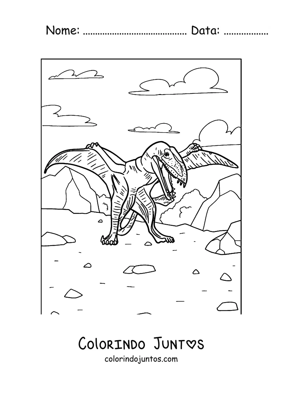 Desenho para colorir de um pterodáctilo em pé no chão com as asas abertas