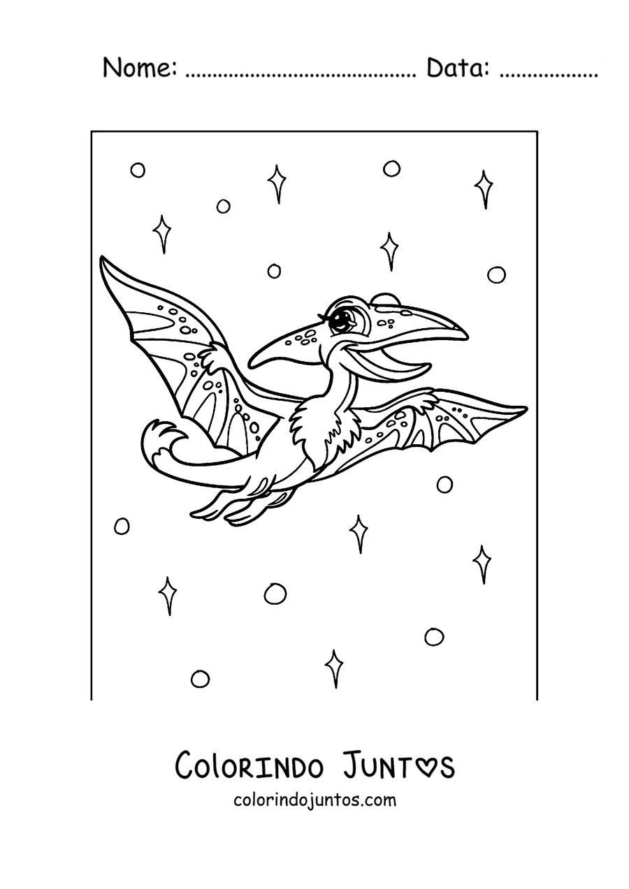 Desenho para colorir de um pterodáctilo de desenho voando entre estrelas