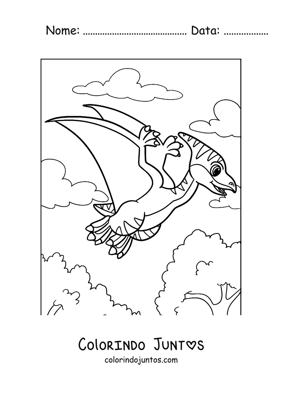 Desenho para colorir de um pterodáctilo kawaii voando sobre as colinas