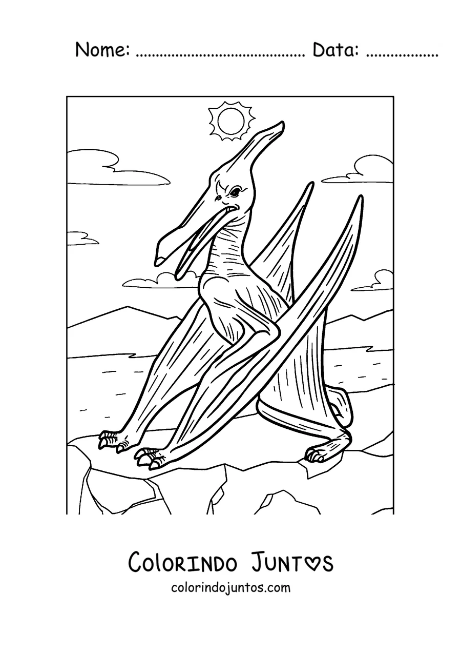 Desenho para colorir de um pterodáctilo em pé sobre um penhasco