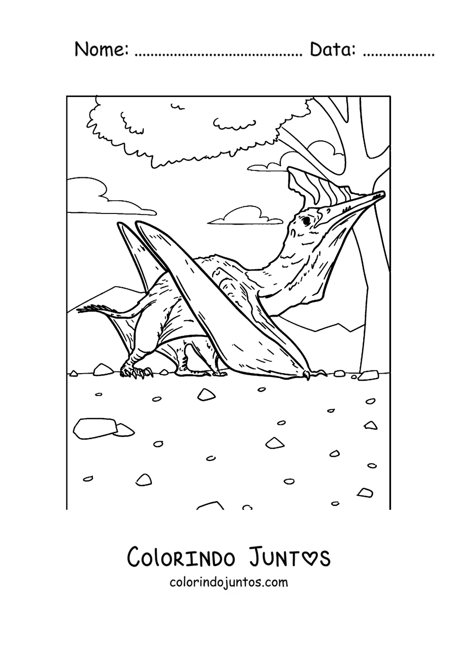 Desenho para colorir de um pterodáctilo descansando perto de uma árvore