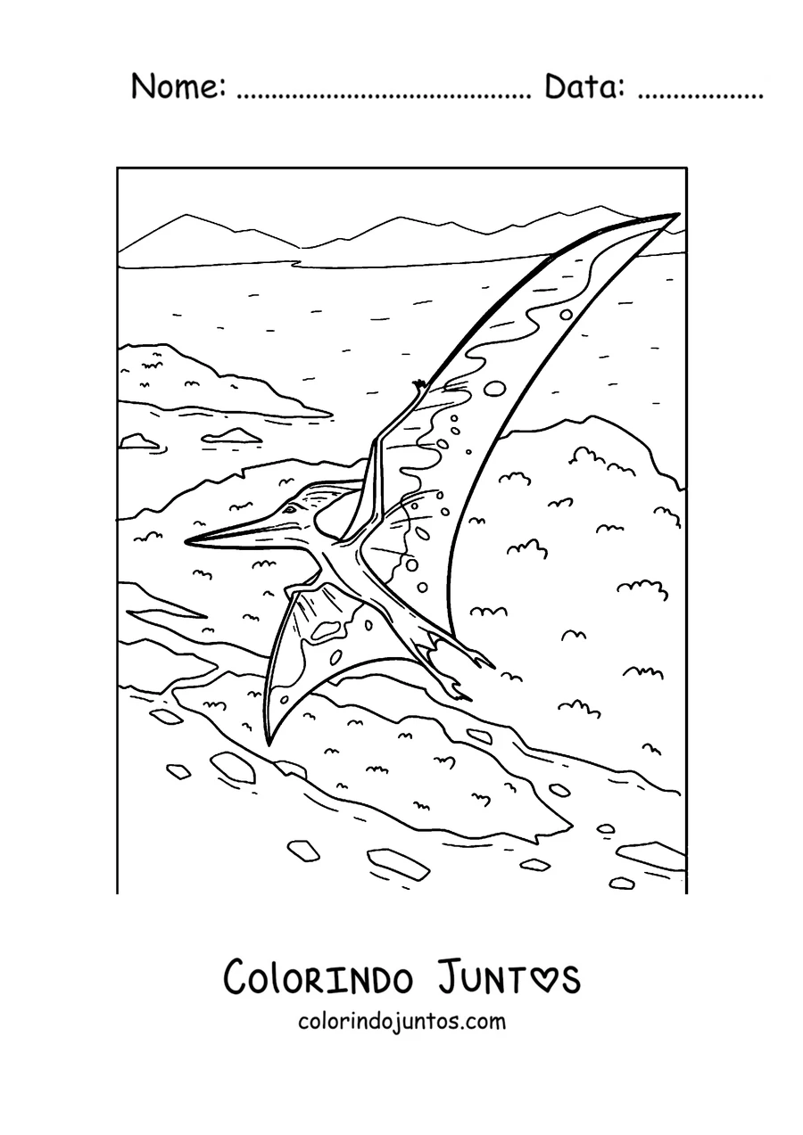 Desenho para colorir de um pterodáctilo planando sobre uma ilha