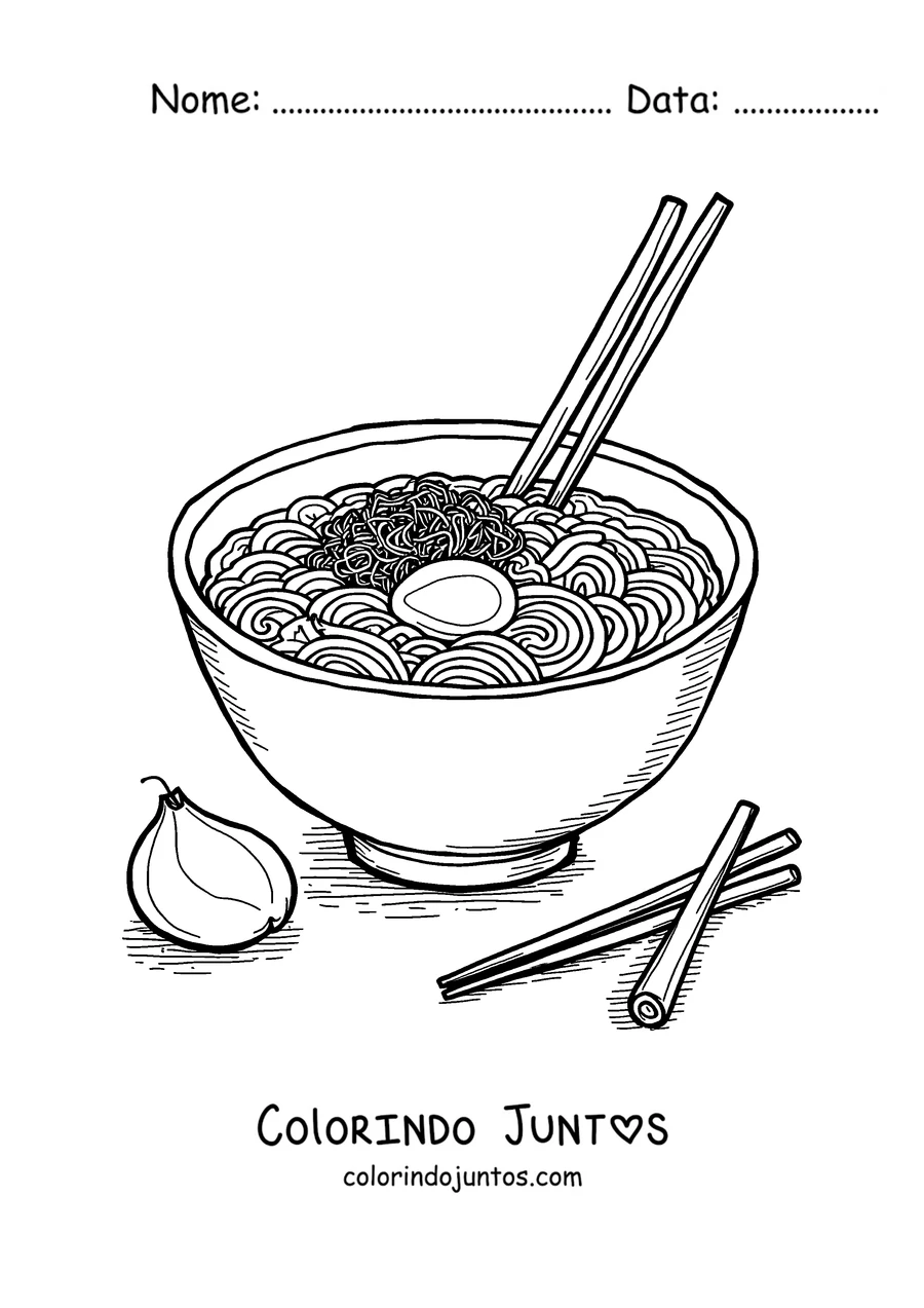 Desenho para colorir de uma tigela de ramen com ovo, macarrão e palitos