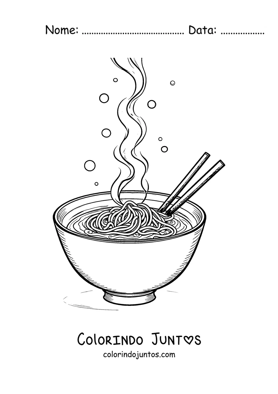 Desenho para colorir de uma tigela de ramen fumegante com palitos apoiados