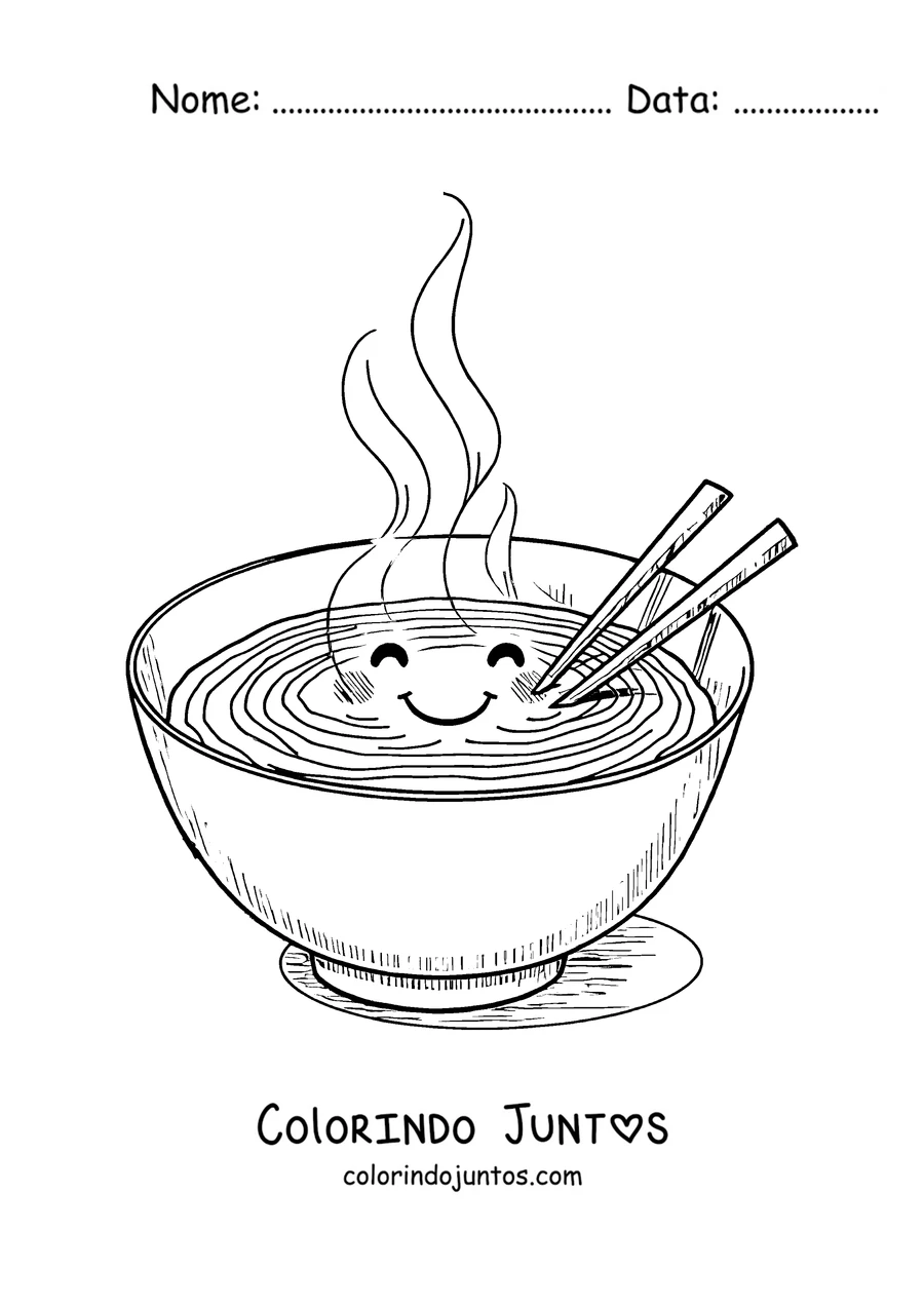 Desenho para colorir de uma tigela de ramen kawaii com carinha sorridente