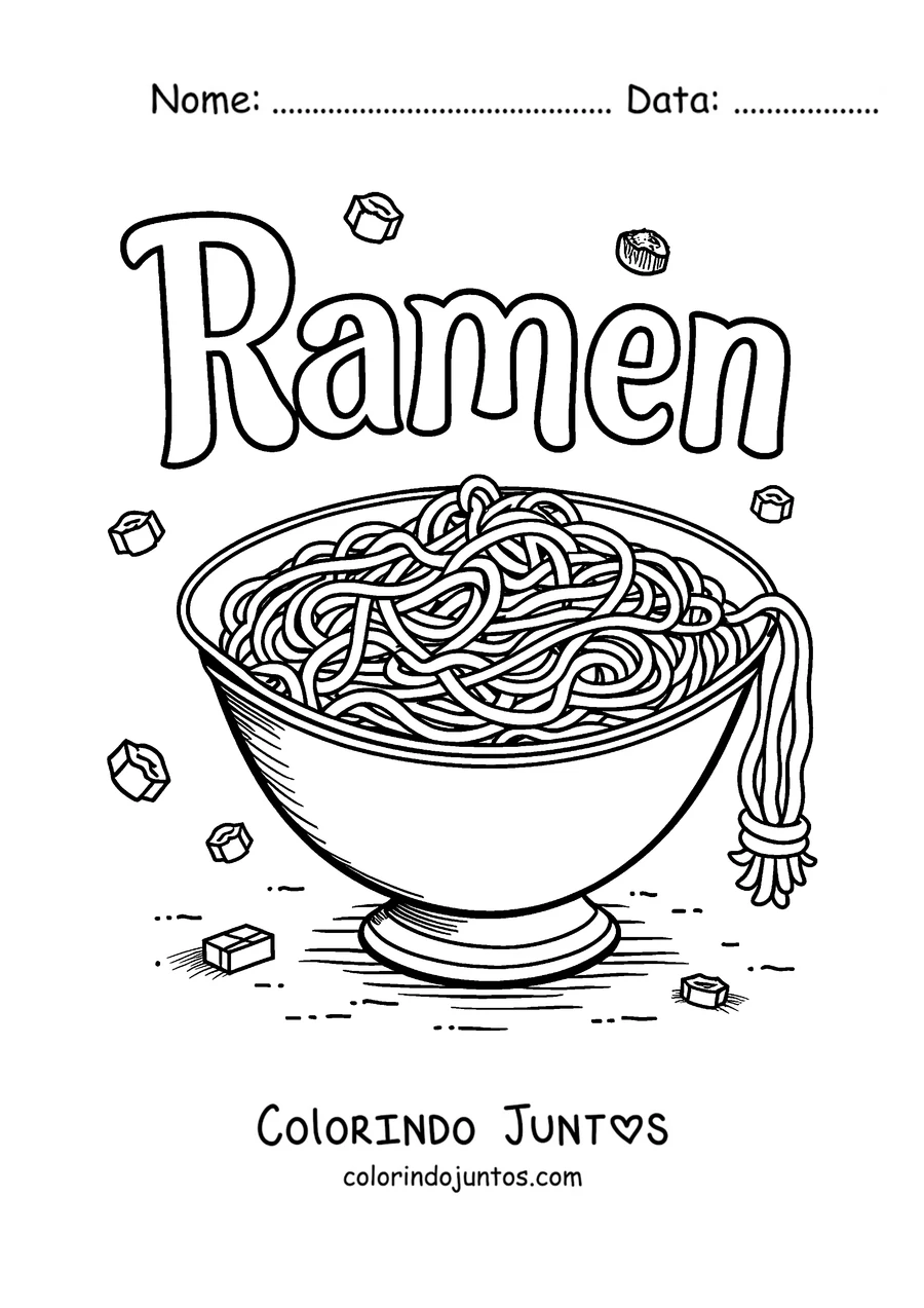 Desenho para colorir com a palavra Ramen em letras e uma tigela de macarrão