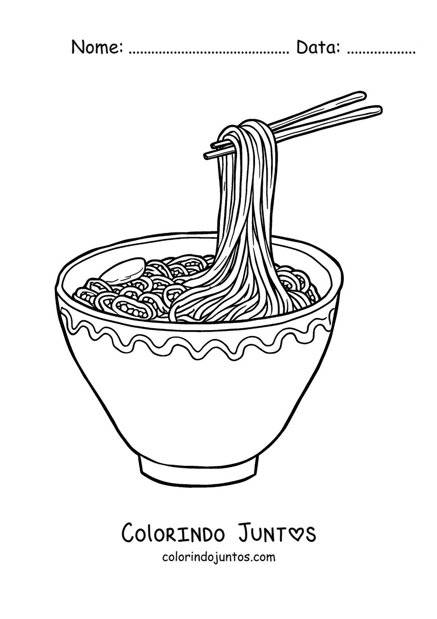 Desenho para colorir de palitos levantando macarrão de uma tigela de ramen