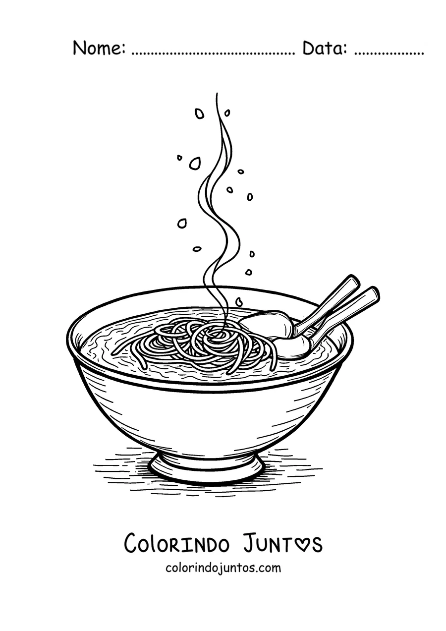 Desenho para colorir de uma tigela clássica de sopa de macarrão ramen