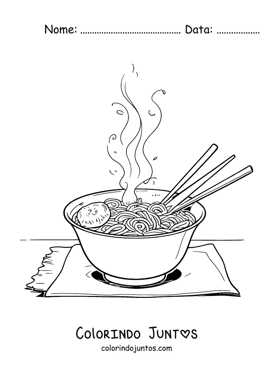 Desenho para colorir de uma tigela de ramen com palitos e vapor