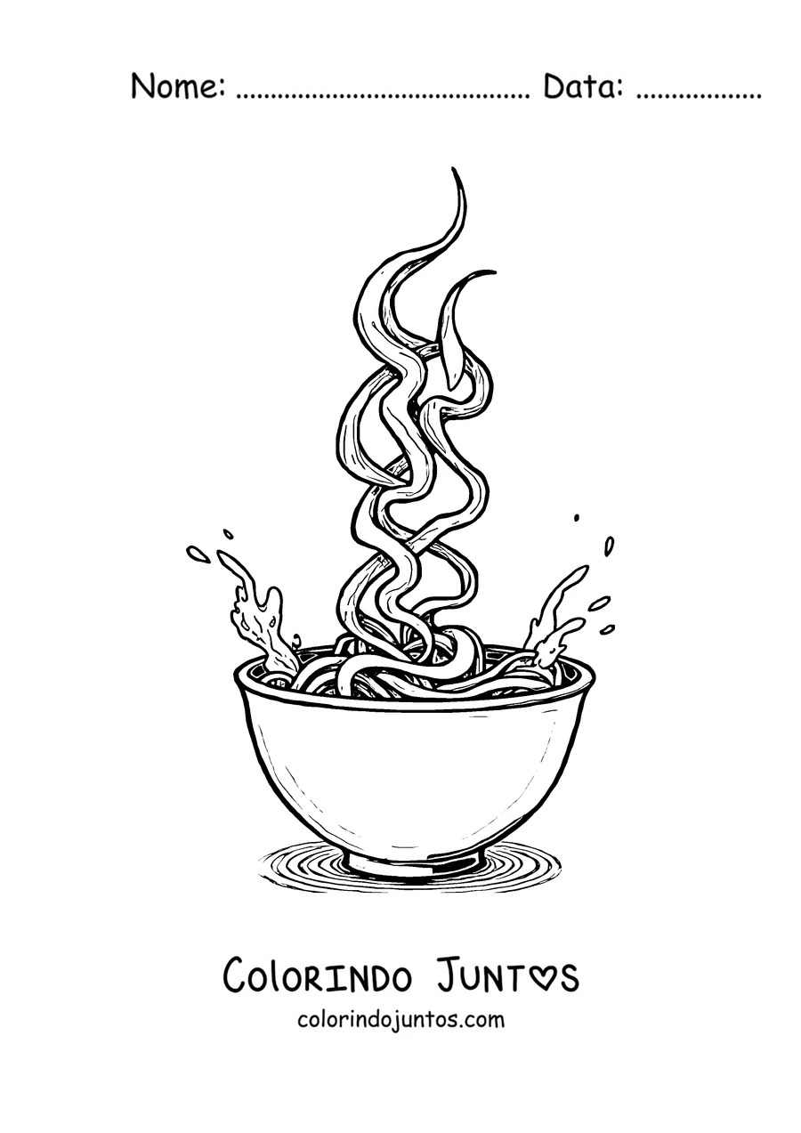 Desenho para colorir de uma tigela de ramen com macarrão e vapor subindo em espiral