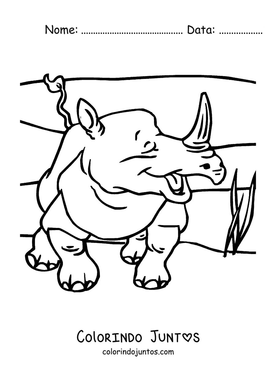 Desenho para colorir de um rinoceronte andando pelo capim