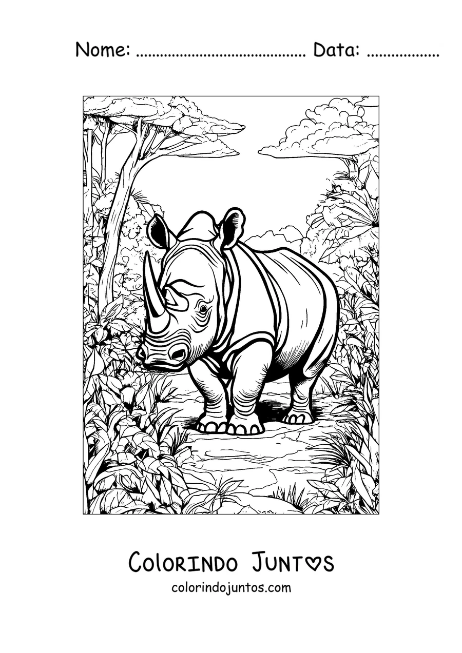 Desenho para colorir de um rinoceronte passeando pela selva