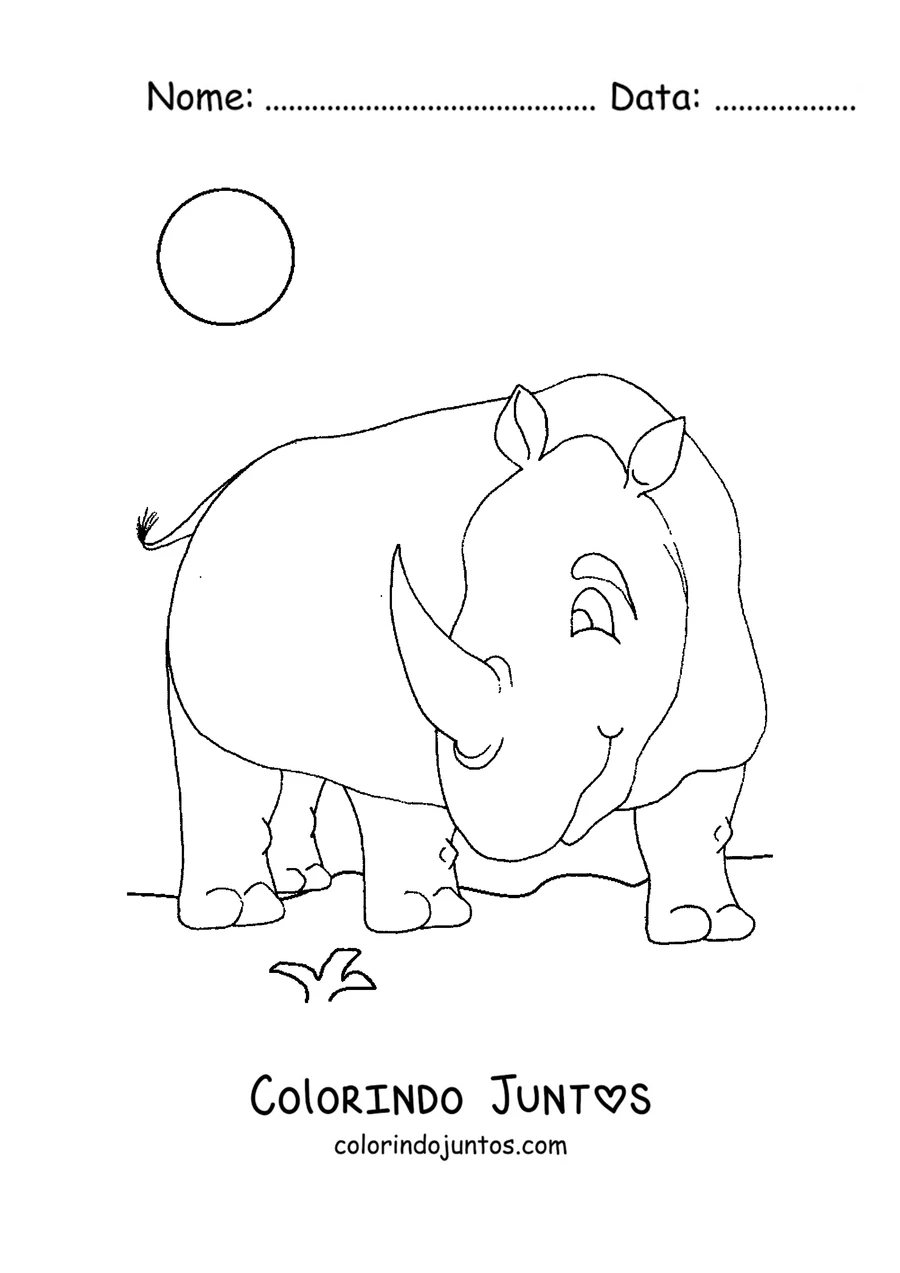 Desenho para colorir de um rinoceronte sorrindo sob o sol