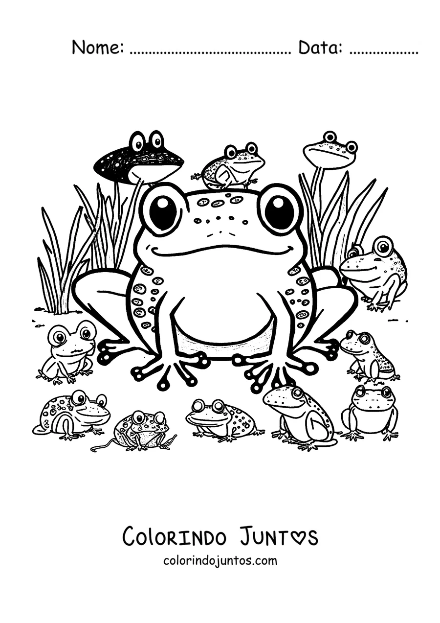 Desenho para colorir de um sapo grande cercado de muitos sapinhos