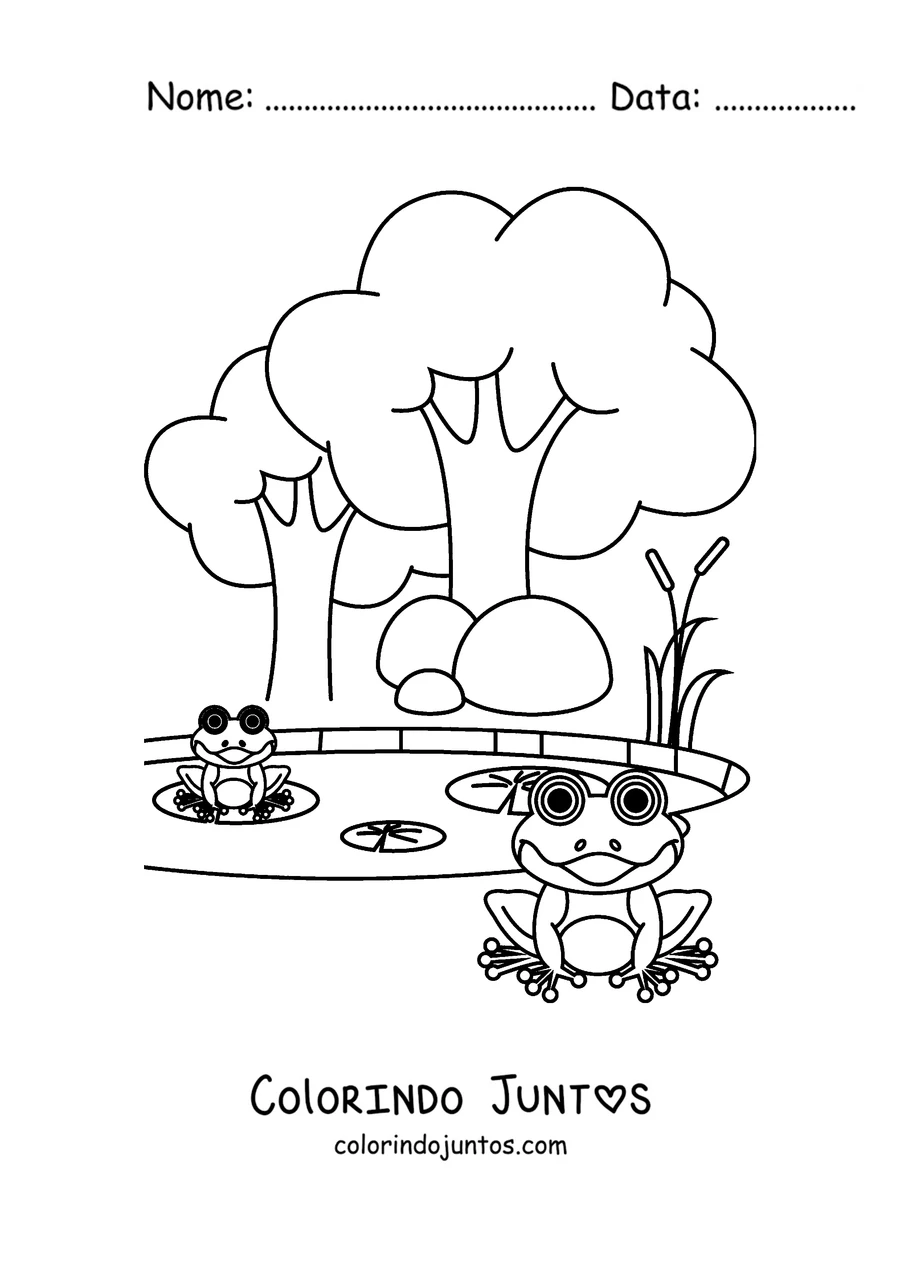 Desenho para colorir de um sapo numa floresta de cogumelos