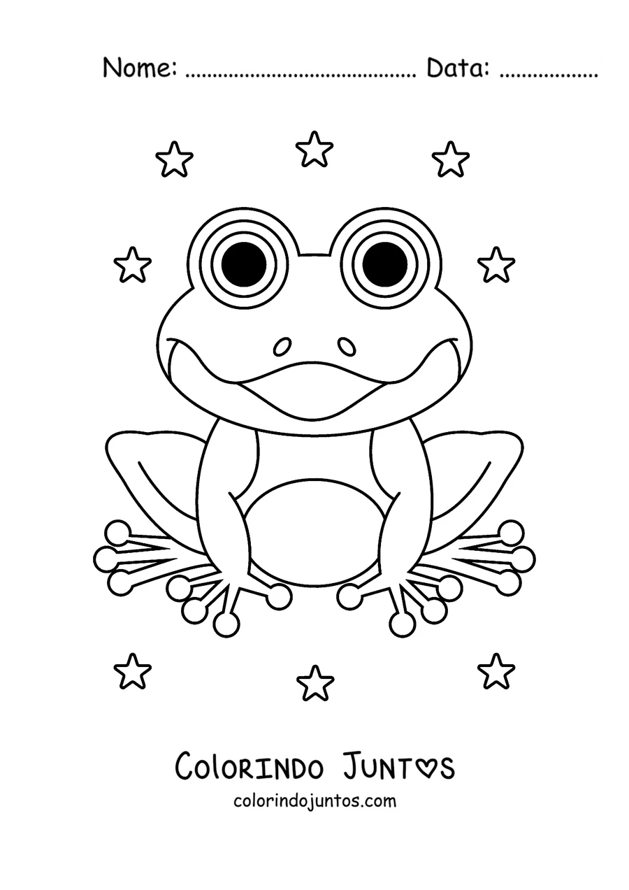 Desenho para colorir de um sapo feliz numa folha aquática cercado de estrelas