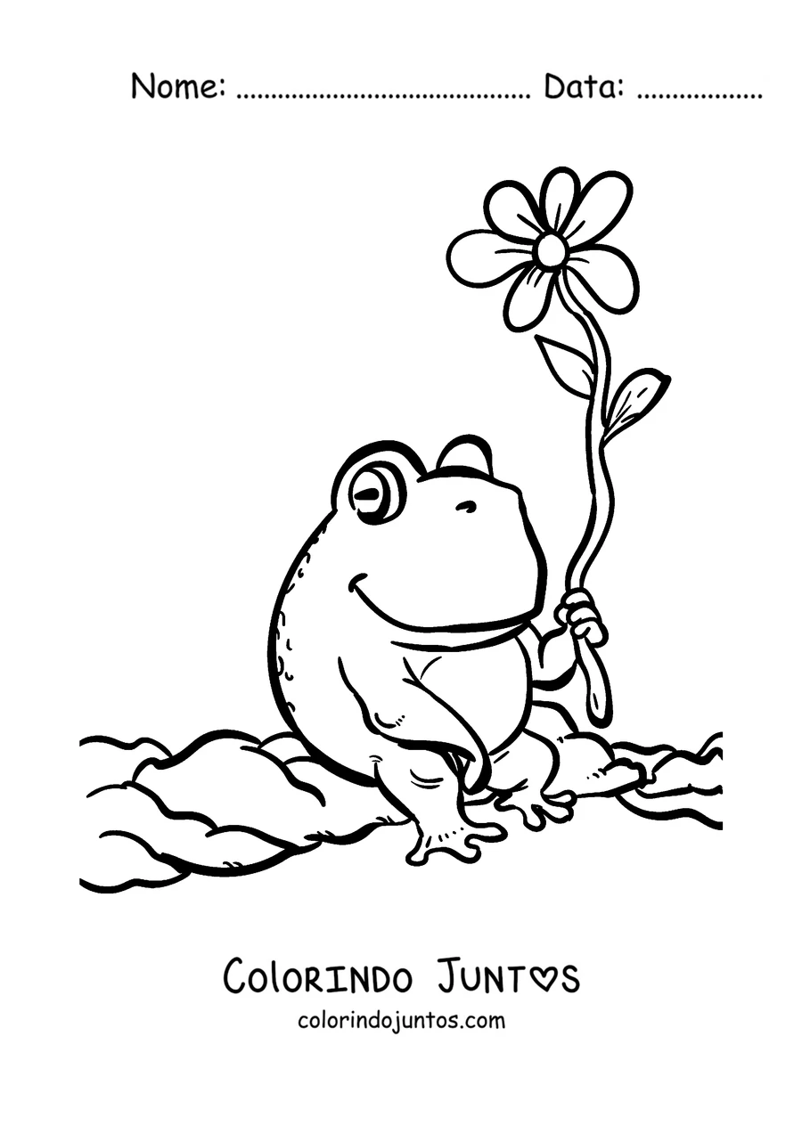 Desenho para colorir de um sapo segurando uma flor