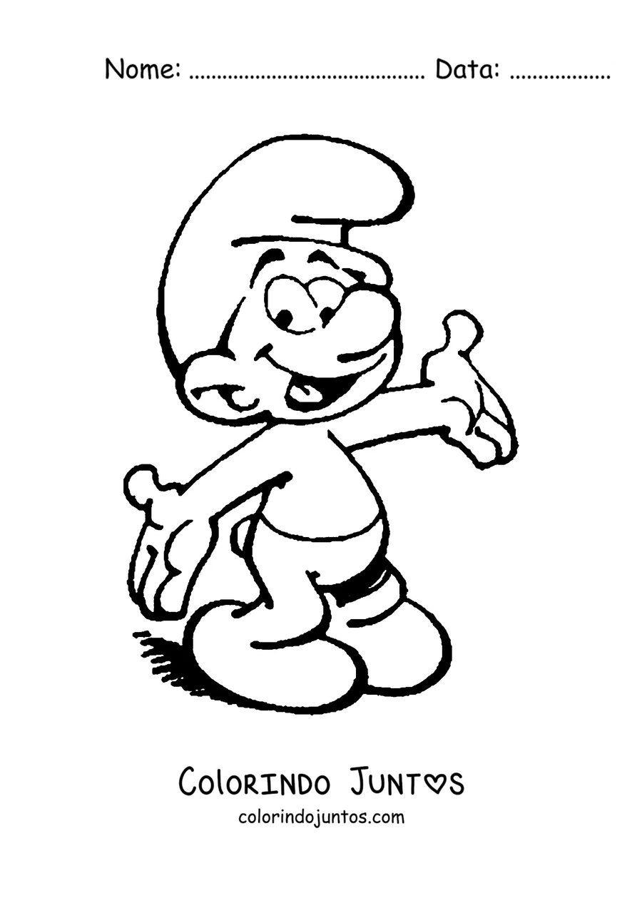 Desenho para colorir de um Smurf acenando feliz