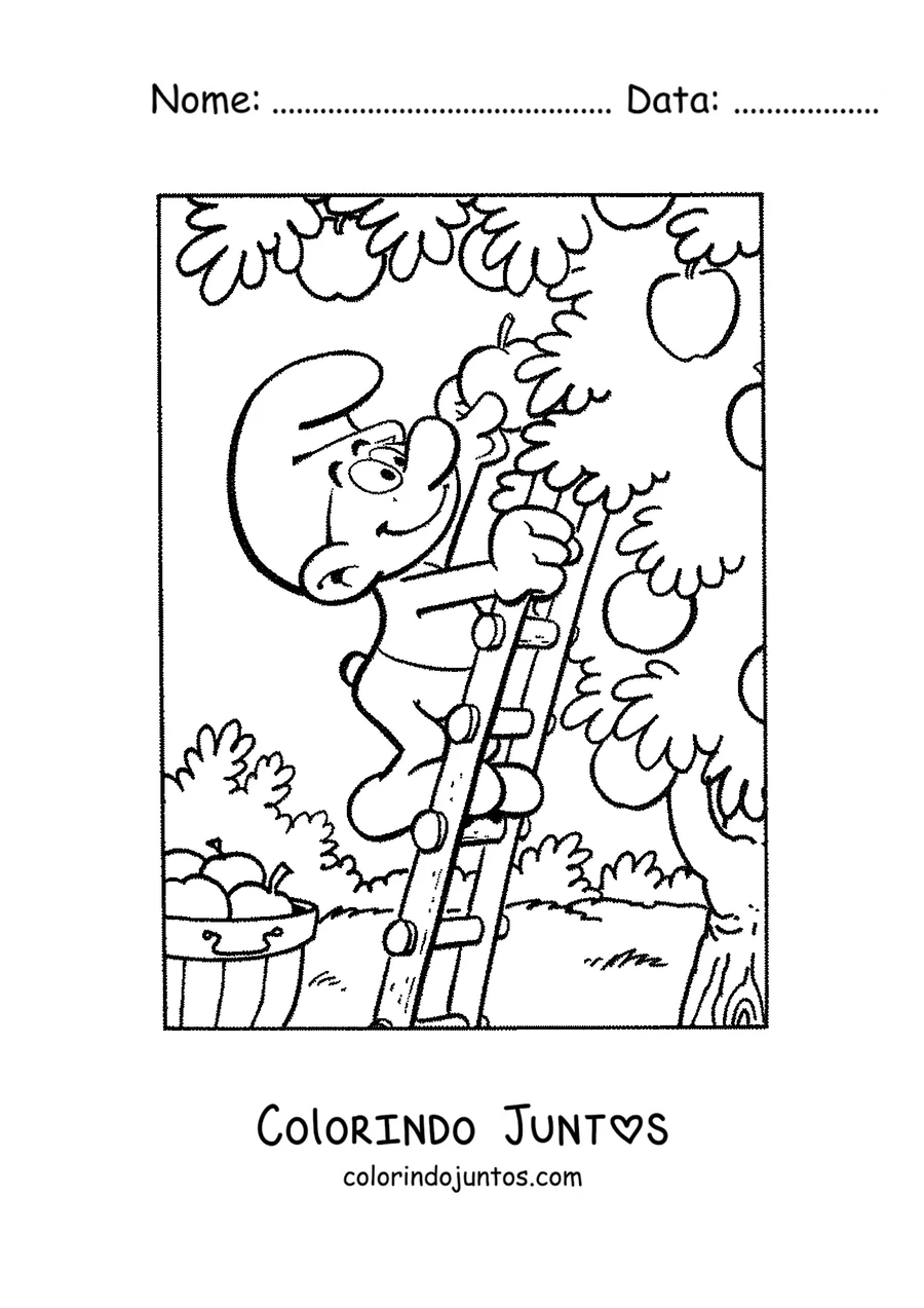 Desenho para colorir de um Smurf colhendo maçãs numa escada