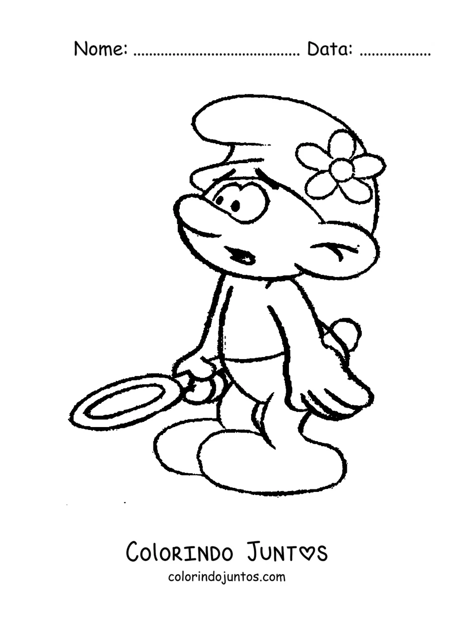 Desenho para colorir de um Smurf explorando com uma lupa