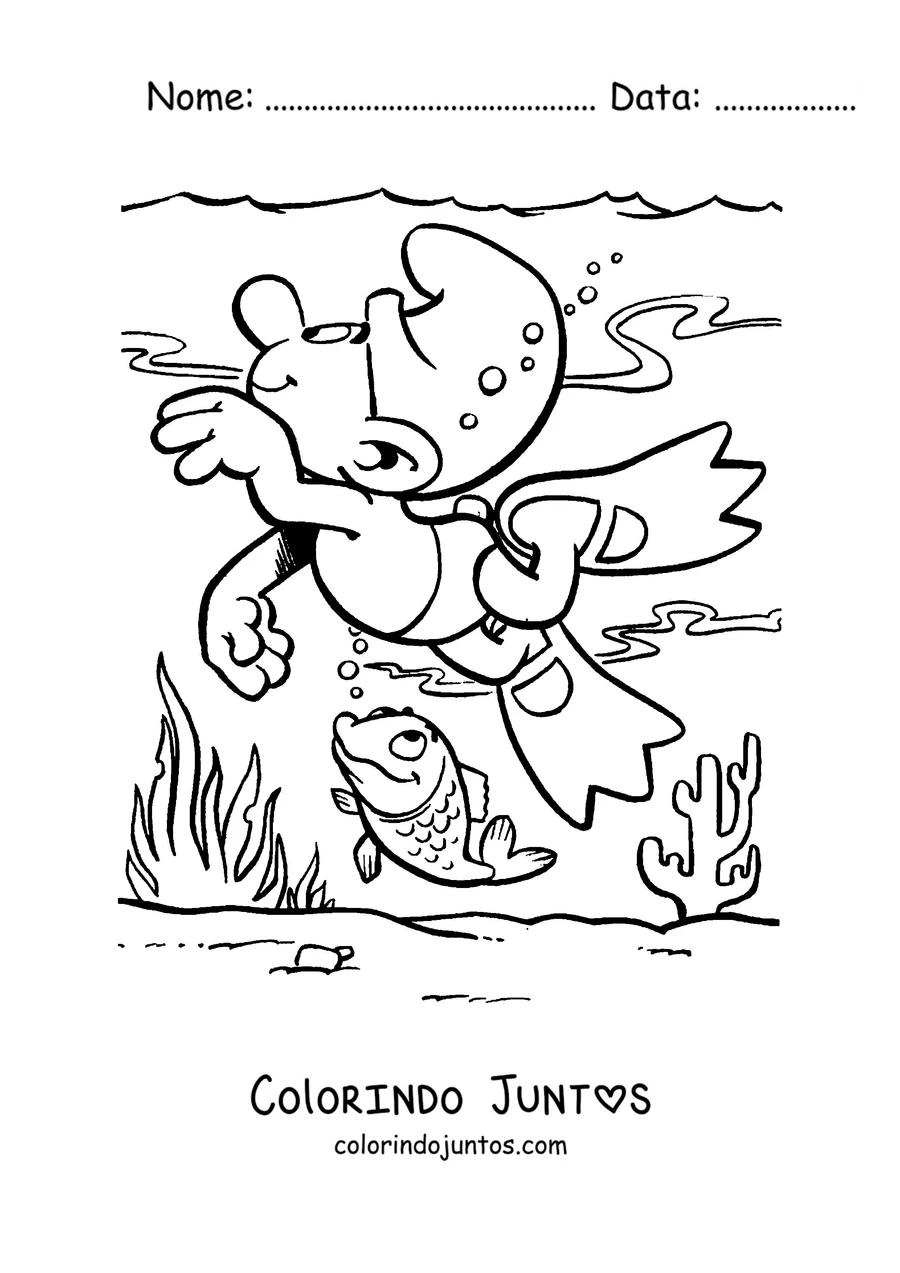 Desenho para colorir de um Smurf mergulhando entre os peixes