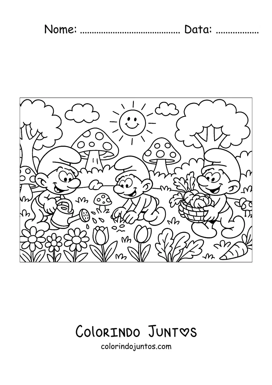 Desenho para colorir de três Smurfs trabalhando na horta