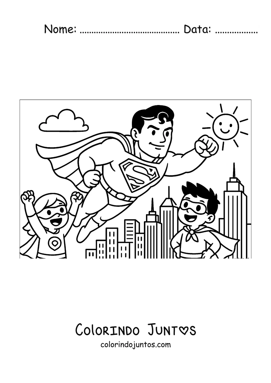 Desenho para colorir do Superman em desenho voando sobre a cidade com duas crianças super-heróis