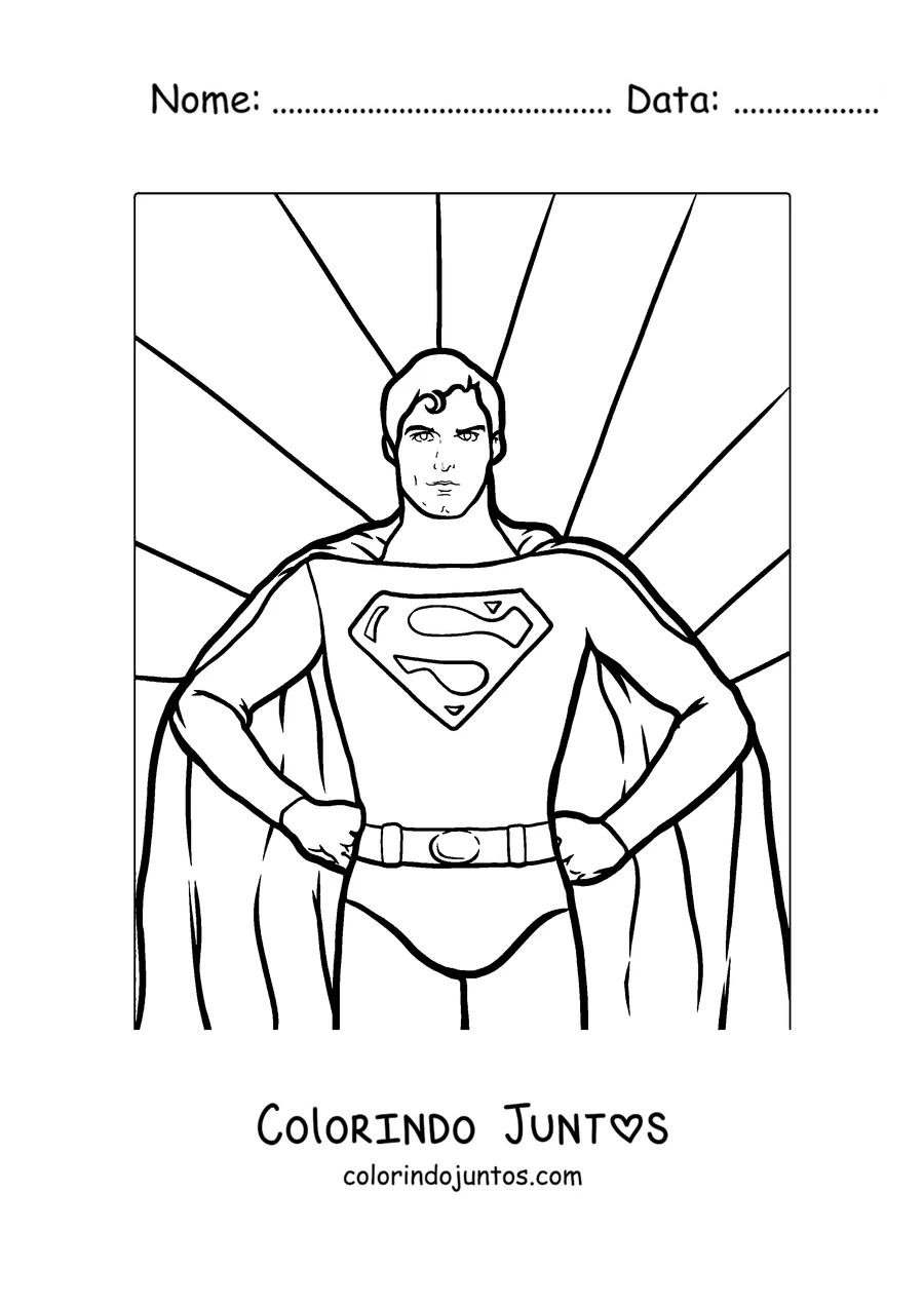Desenho para colorir do Superman numa pose heroica com raios ao fundo