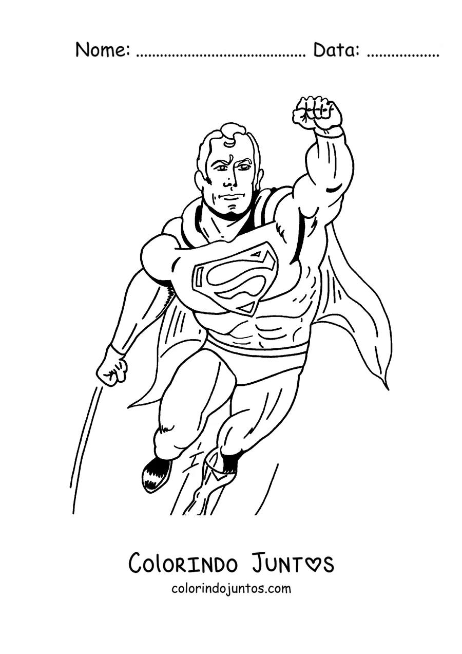 Desenho para colorir do Superman voando com o punho erguido