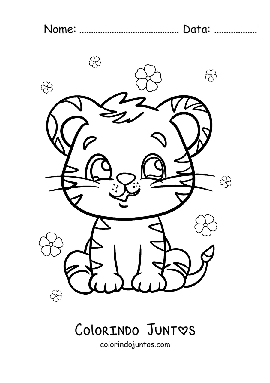 Desenho para colorir de um tigre bebê sentado entre flores