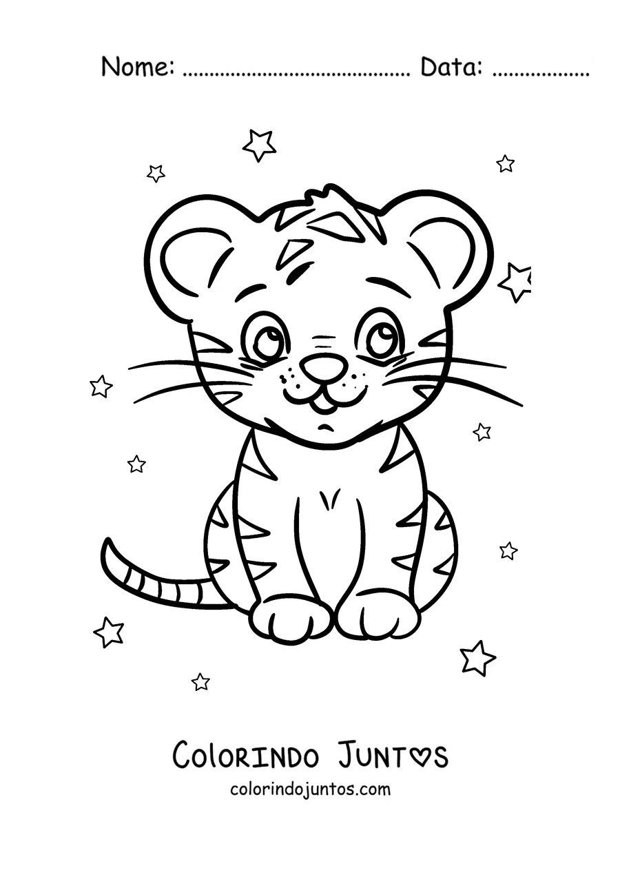Desenho para colorir de um tigre kawaii sentado entre estrelas