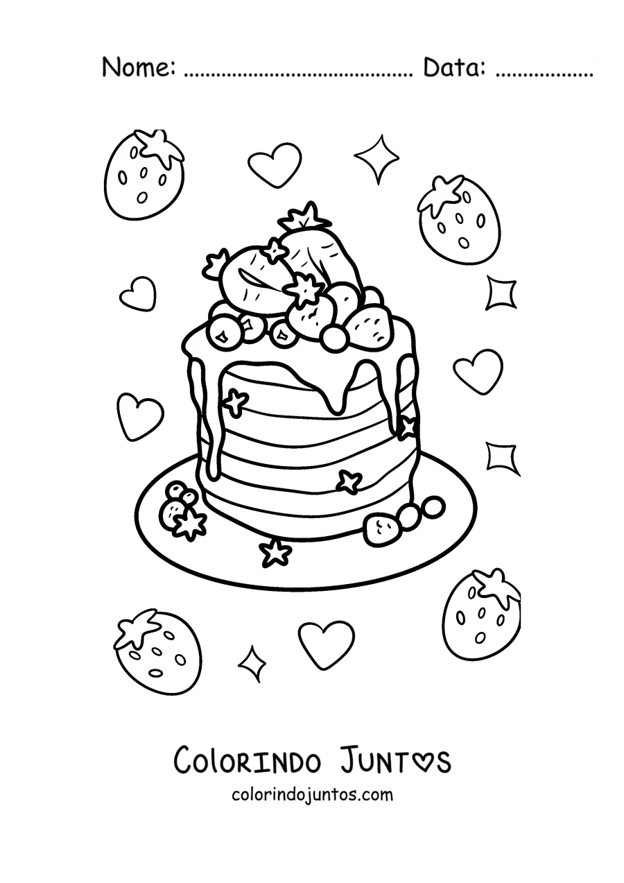 Desenho para colorir de uma torre de panquecas com morangos