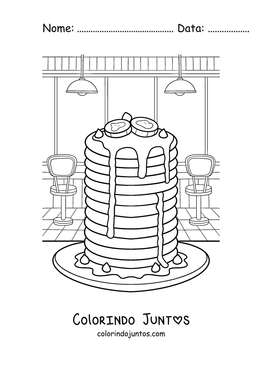 Desenho para colorir de uma torre de panquecas numa cafeteria