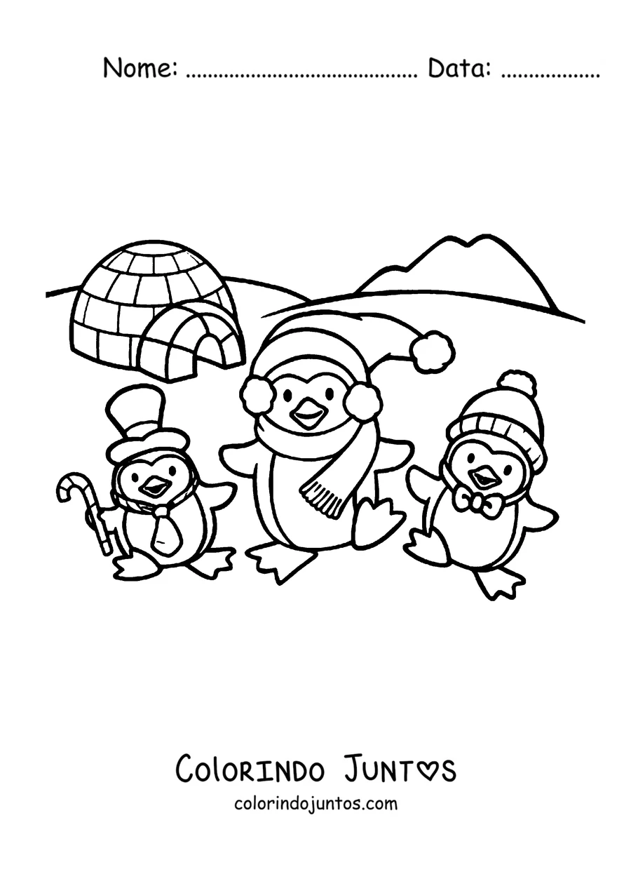 Desenho para colorir de três pinguins brincando perto de um iglu