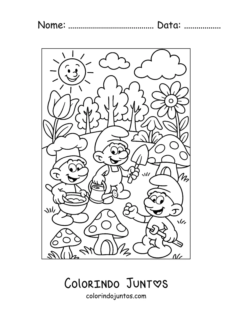 Desenho para colorir de três Smurfs no jardim da aldeia