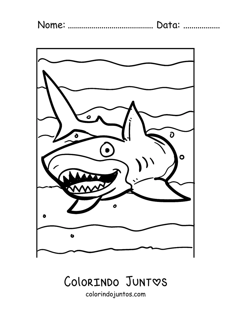 Desenho para colorir de um tubarão de boca aberta e dentes afiados