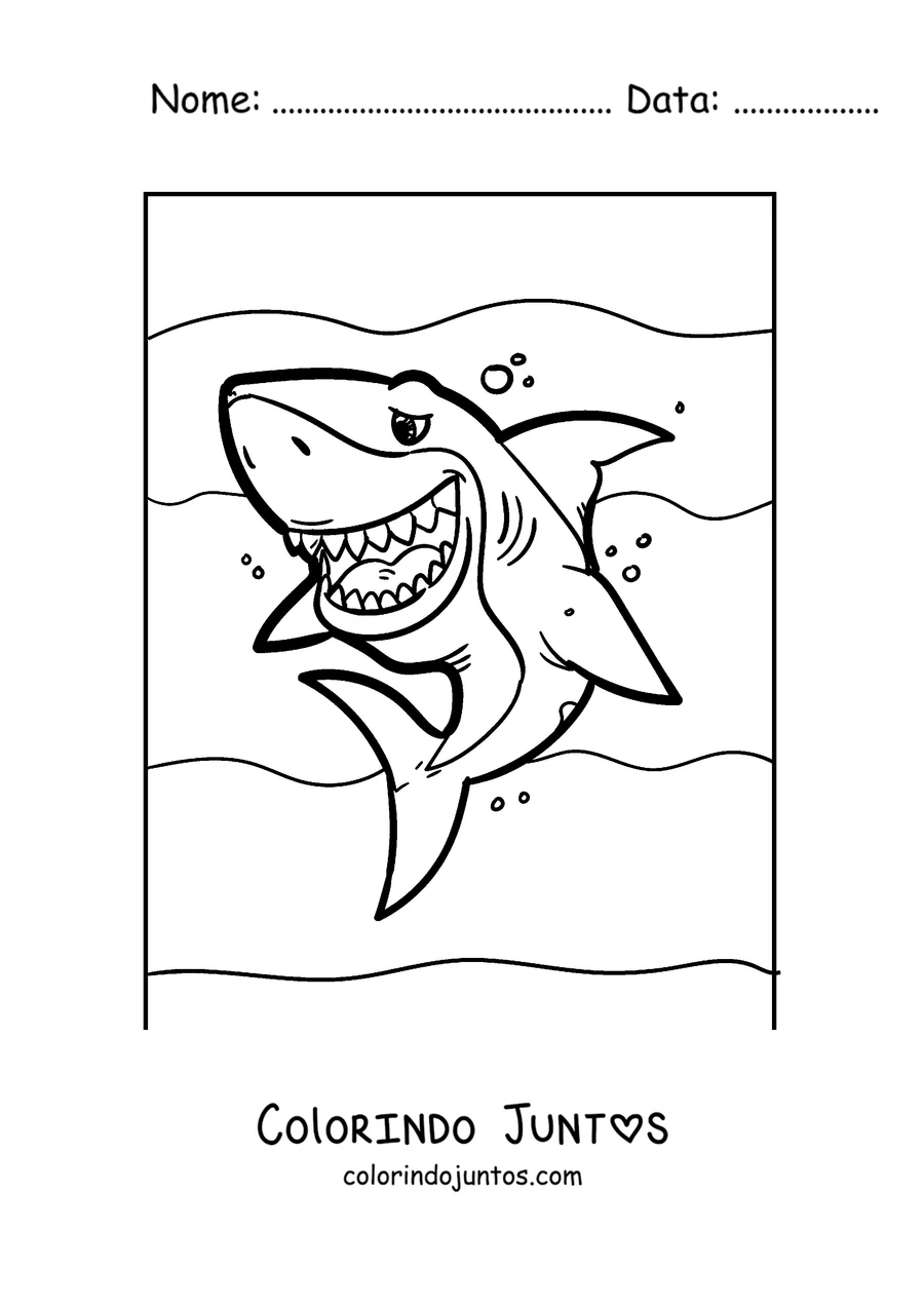 Desenho para colorir de um tubarão-branco mostrando os dentes