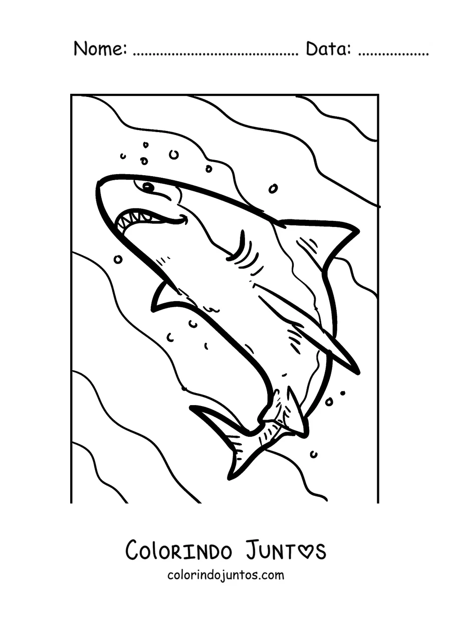 Desenho para colorir de um tubarão-branco realista nadando para a superfície