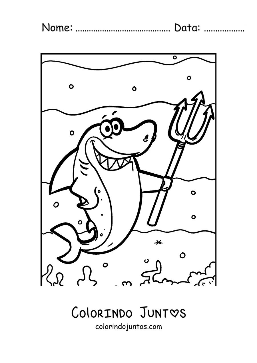 Desenho para colorir de um tubarão com um tridente como rei do mar