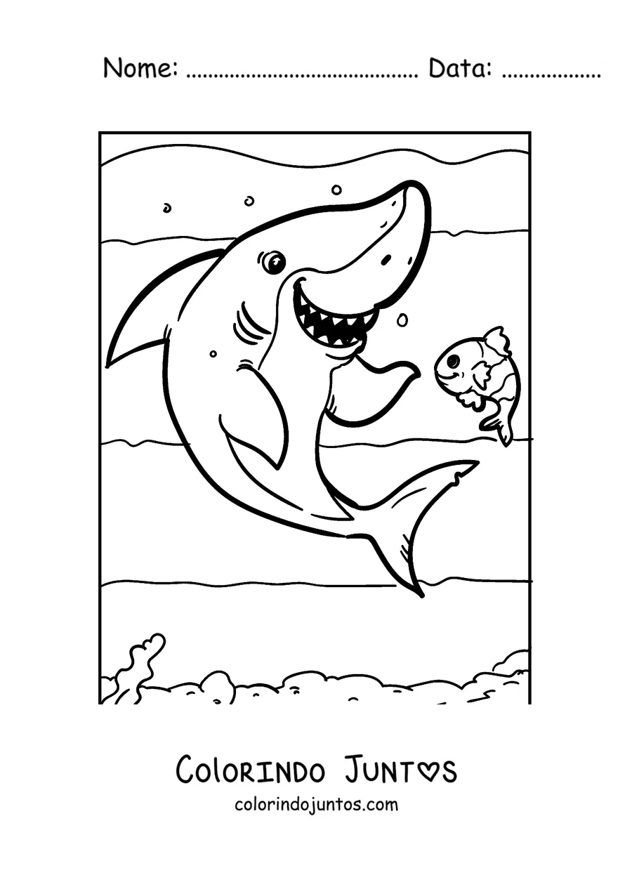 Desenho para colorir de um tubarão nadando ao lado de um peixinho