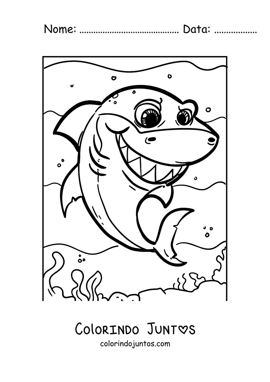 Desenho para colorir de um tubarão grande e alegre nadando