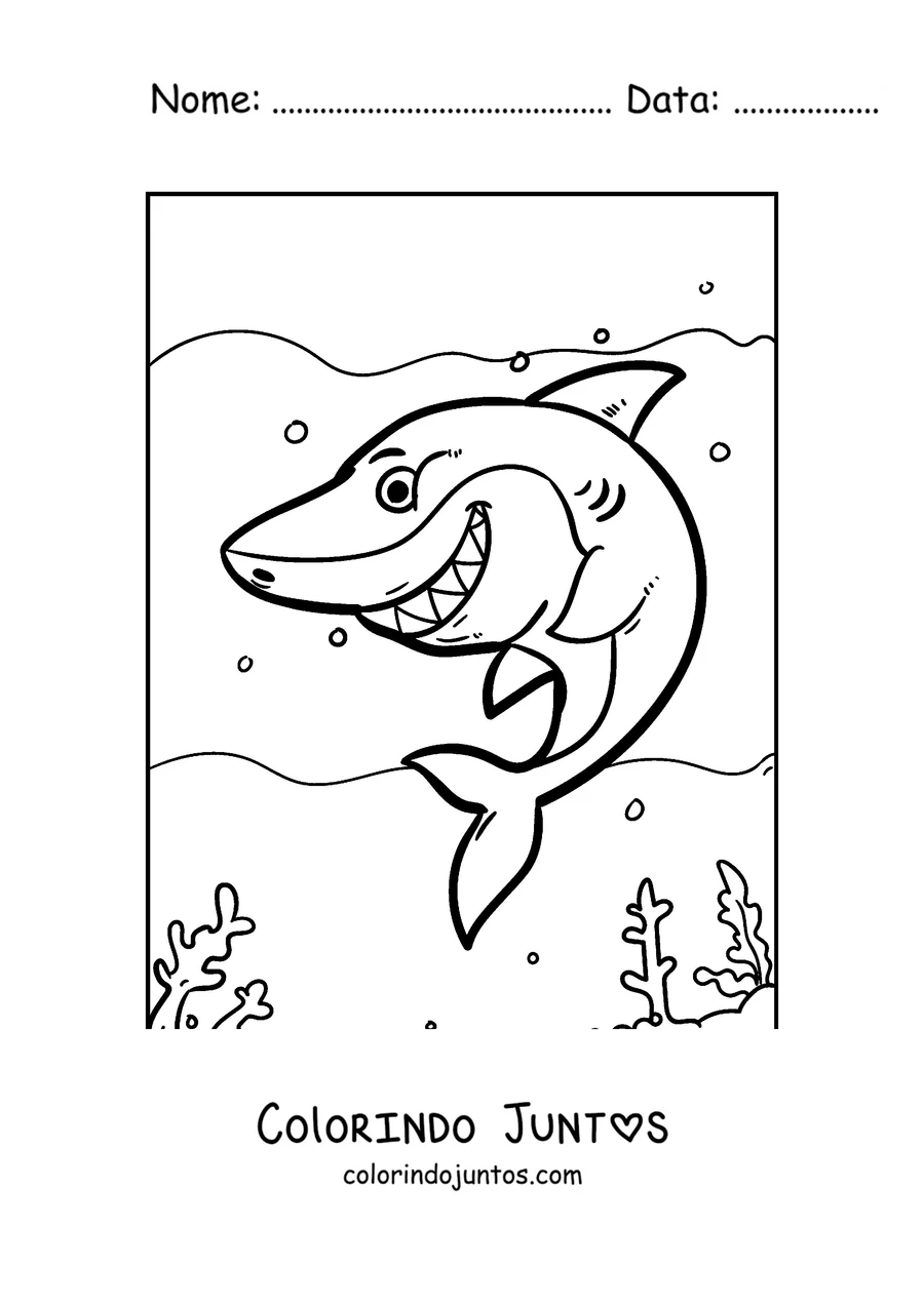 Desenho para colorir de um tubarão sorrindo nadando entre bolhas