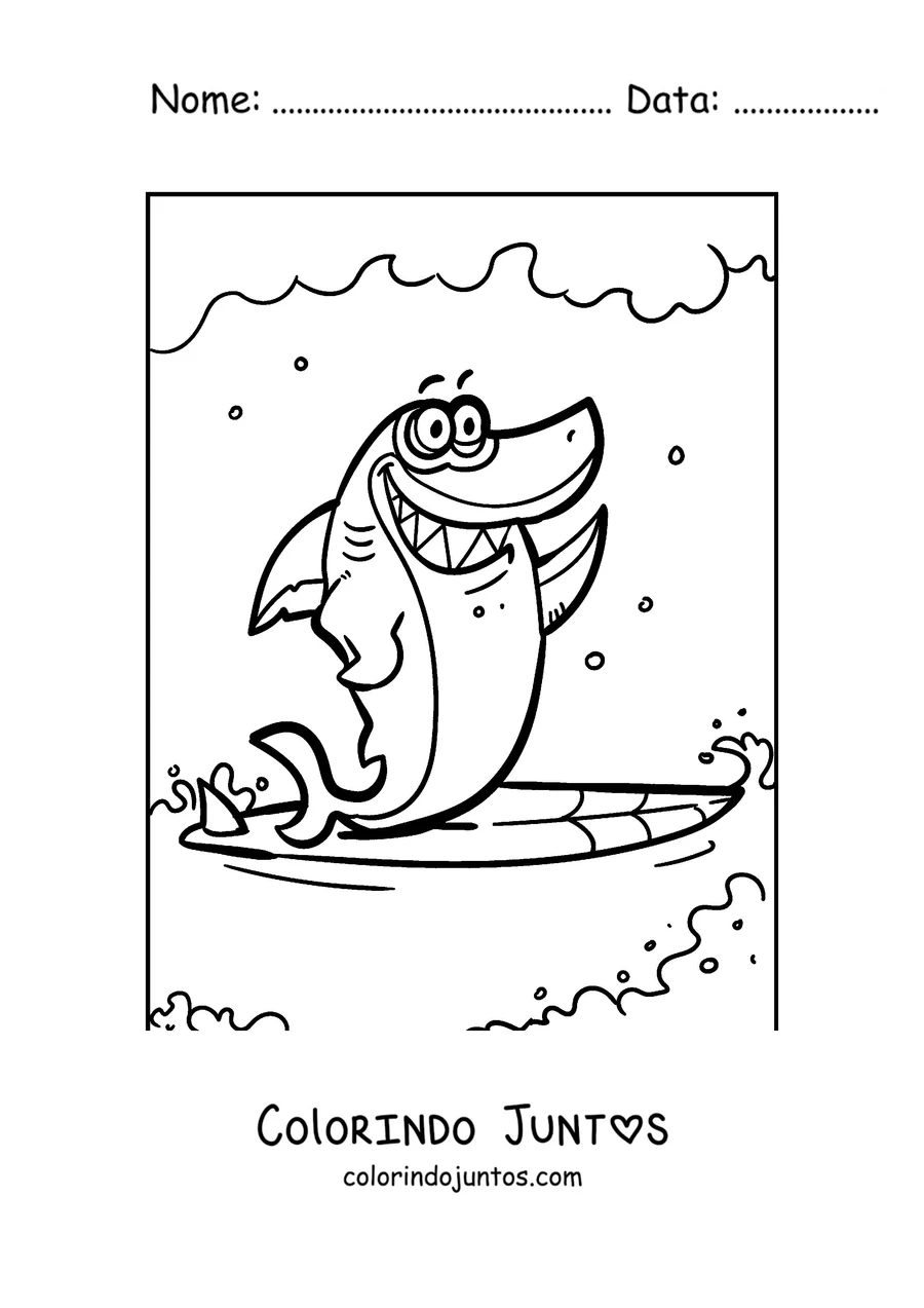 Desenho para colorir de um tubarão surfando em uma onda