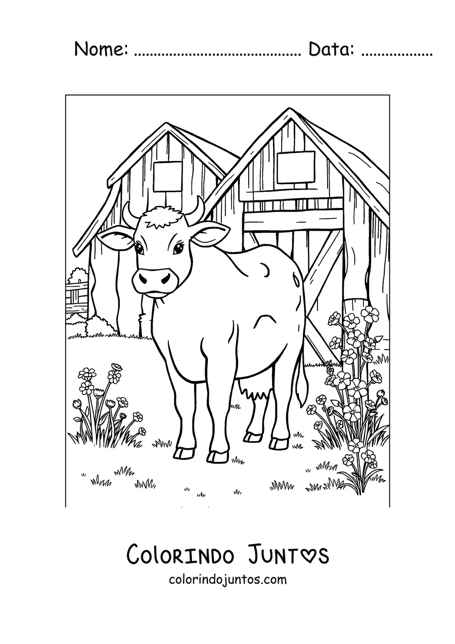 Desenho para colorir de vaca em frente ao celeiro