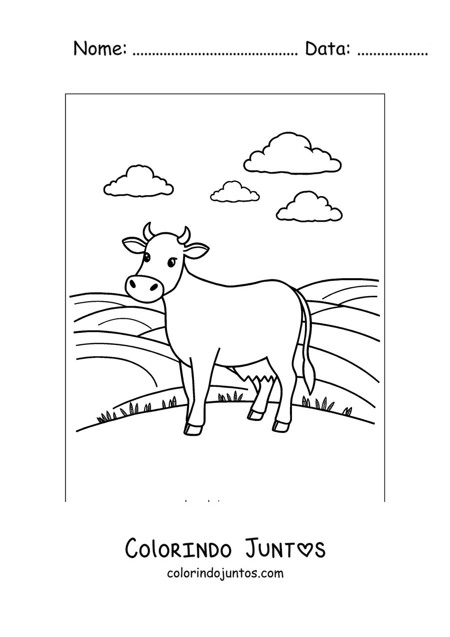 Desenho para colorir de vaca passeando pelo campo