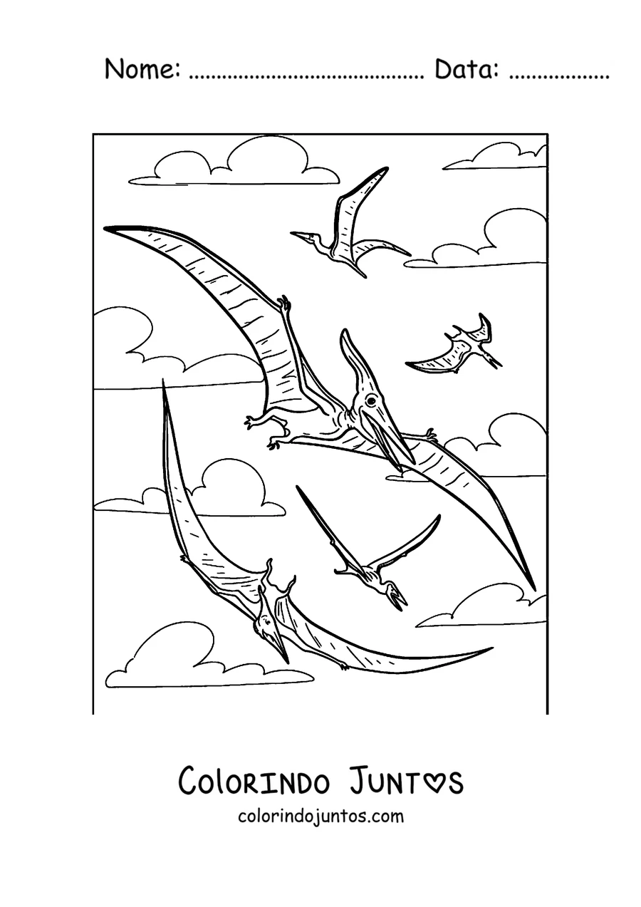 Desenho para colorir de vários pterodáctilos voando juntos no céu