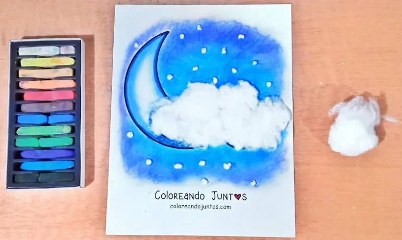 Desenho de uma lua com uma nuvem pintado com algodao