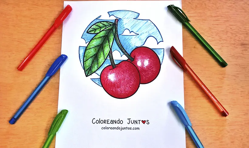 Desenho de cerejas coloridas pela Colorindo Juntos